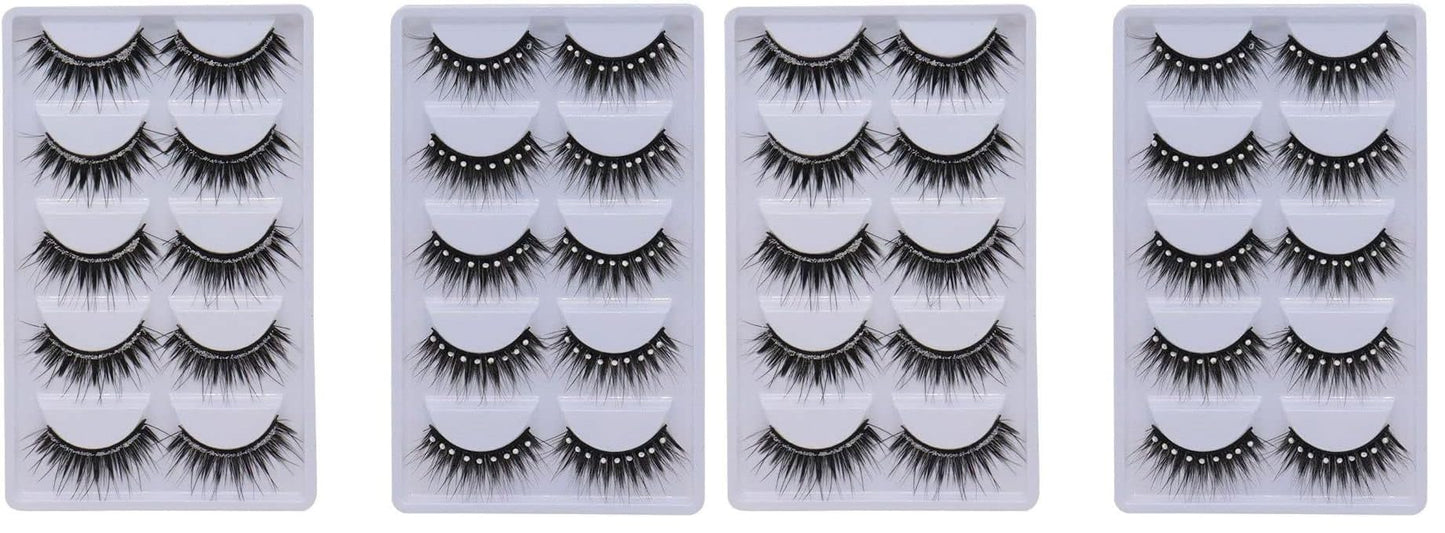 10 Pairs Soft False Eyelashes, Natural 3D Fake Eye Lashes with Shiny Rhinestones Makeup Party Extension Eyelashes Handmade Fake Lashes Volume Eyelash (Pack of 2)