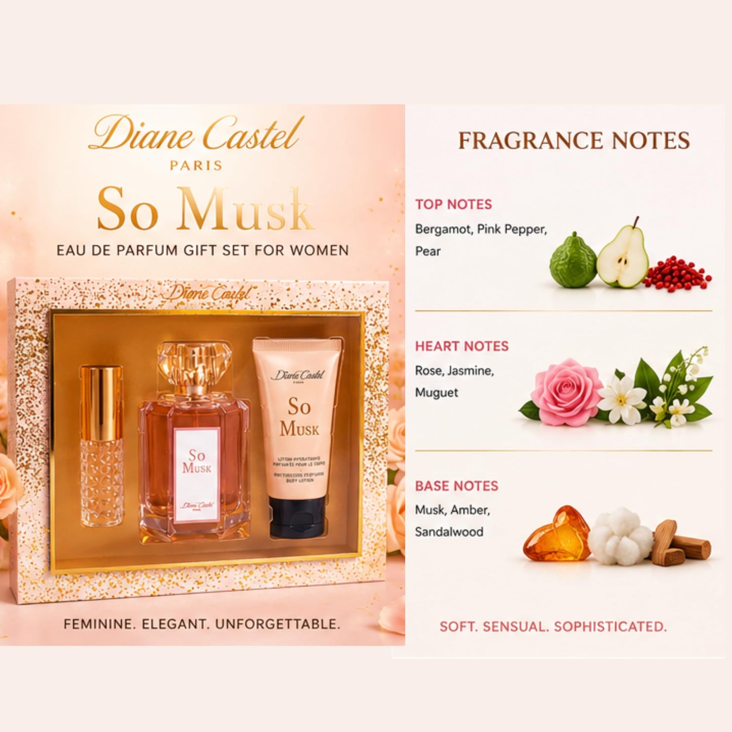 Diane Castel So Musk Gift Set - Musky Floral Scent - Perfume for Women and Body Lotion - Women Perfume with Notes of Orange Blossom, Osmanthus - 3 pc