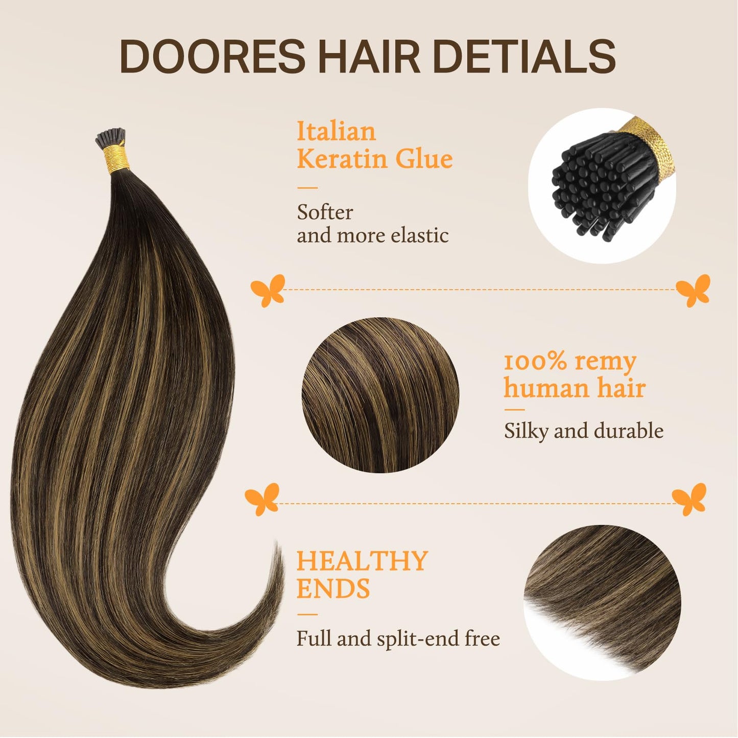DOORES I Tip Hair Extensions Real Human Hair, Balayage Dark Brown to Chestnut Brown 18 Inch 50g/50s,I Tips Invisible I Tips Extensions Cold Fusion