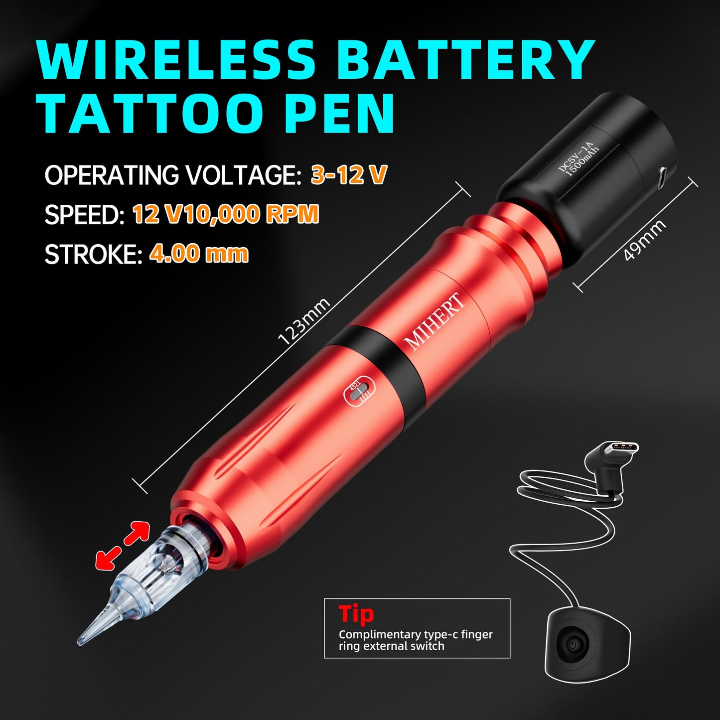 MIHERT Tattoo Gun Kit with Wireless Rotary Tattoo Machine, 1500mAh Battery, 20 Tattoo Cartridge Needles, 7 Tattoo Inks, Tattoo pen for Beginners and Professionals (Red)