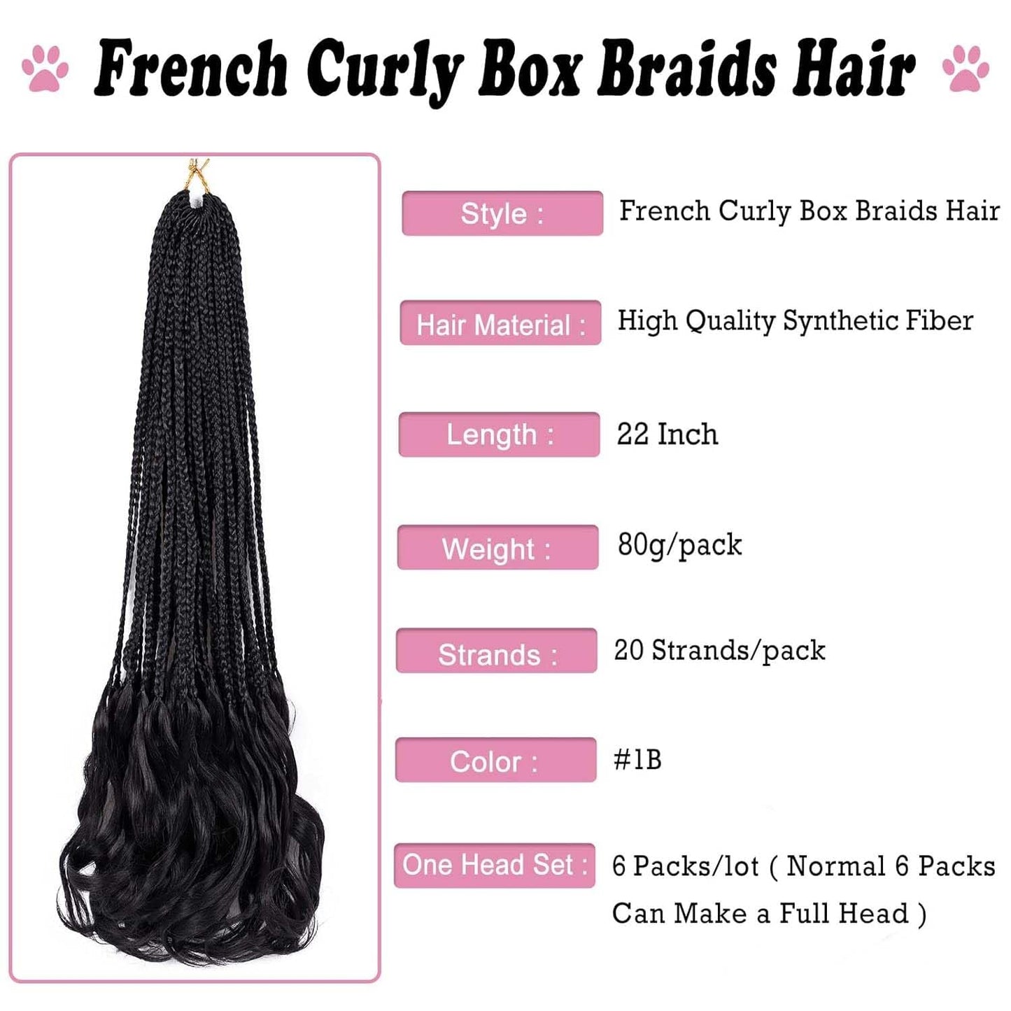 French Curl Crochet Braids 22 Inch 6 Packs Goddess Box Braids Crochet Hair Pre Looped French Curly Braiding Hair Crochet Box Braids With Curly Wavy Ends Synthetic Hair Extensions (#1B)