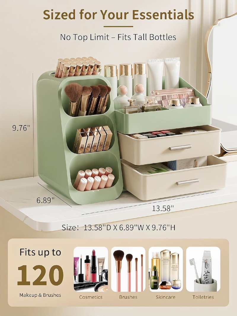 Makeup Organizer - Large Capacity Vanity Storage Case with Drawers | Cream Green Cosmetic Display for Skincare & Beauty Tools