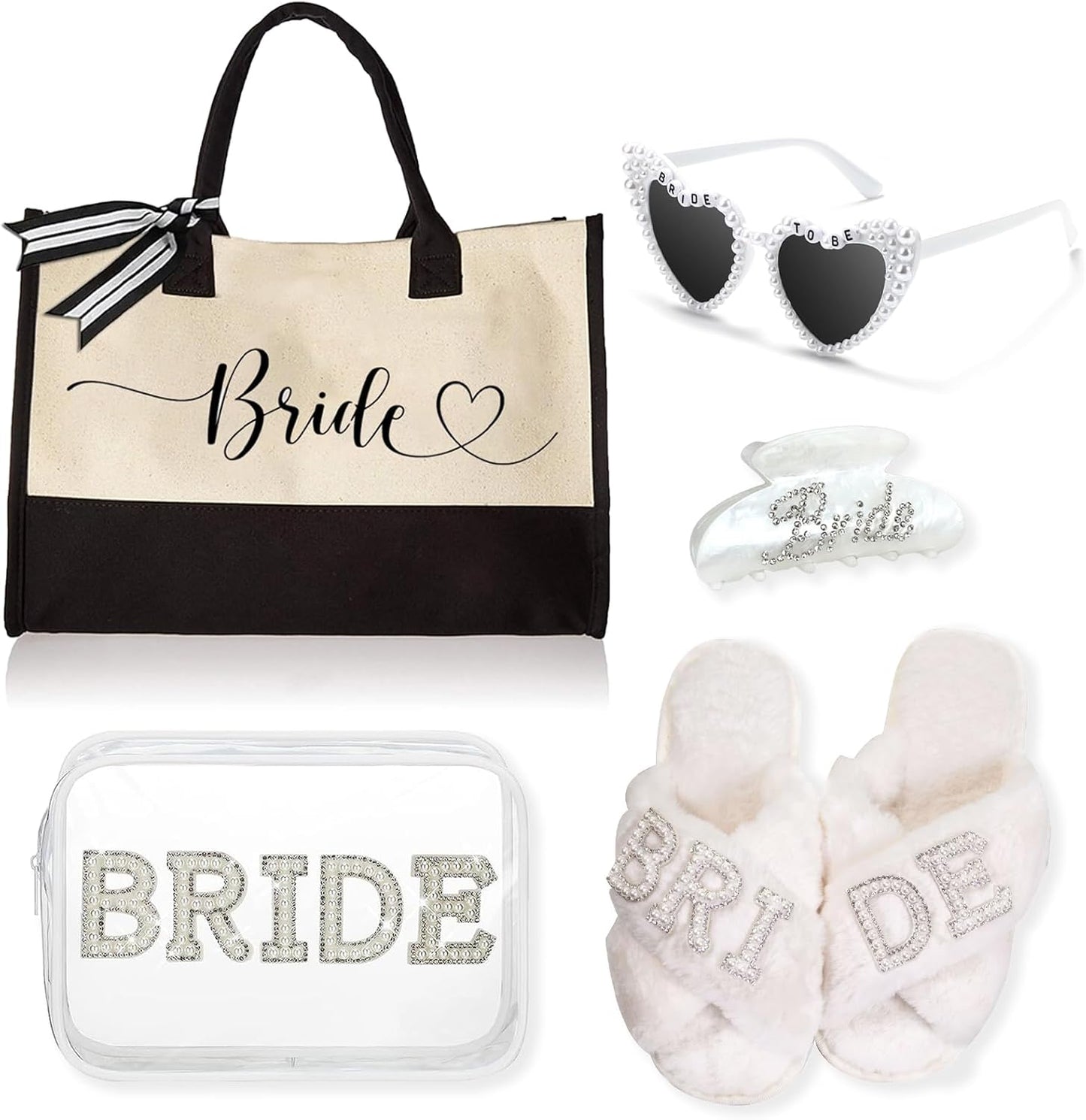 Bridal Shower Gifts Set - 5-Piece Bride Bag, Cosmetic Bag, Sunglasses & Slippers | Perfect for Weddings & Bachelorette Parties