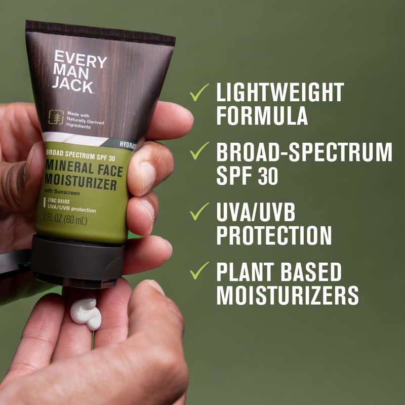 Every Man Jack Men's Mineral Face Lotion w/Broad Spectrum SPF 30 Sunscreen w/Zinc Oxide - Dermatologist Tested UVA/UVB Protection - Daily Moisturizer to Protect & Relieve Dry Skin - 2 Fl Oz (2 Pack)