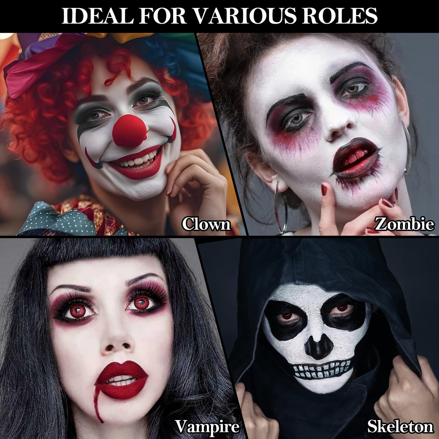 Halloween Makeup Kit for Adult, Black White Red Face Paint for Zombie Skeleton Clown Makeup with 4 Brushes, 2 Sponges, 6 Tattoos, Oil-based Face Painting Kit for Halloween Costume, Theme Cosplay