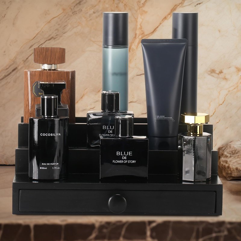 Fengligoo Black Wooden Cologne Organizer for Men - 3 Tier Wooden Perfume Display Stand with Drawer and Hidden Compartment for Organizing and Storing, Cologne Holder Shelf for Dresser
