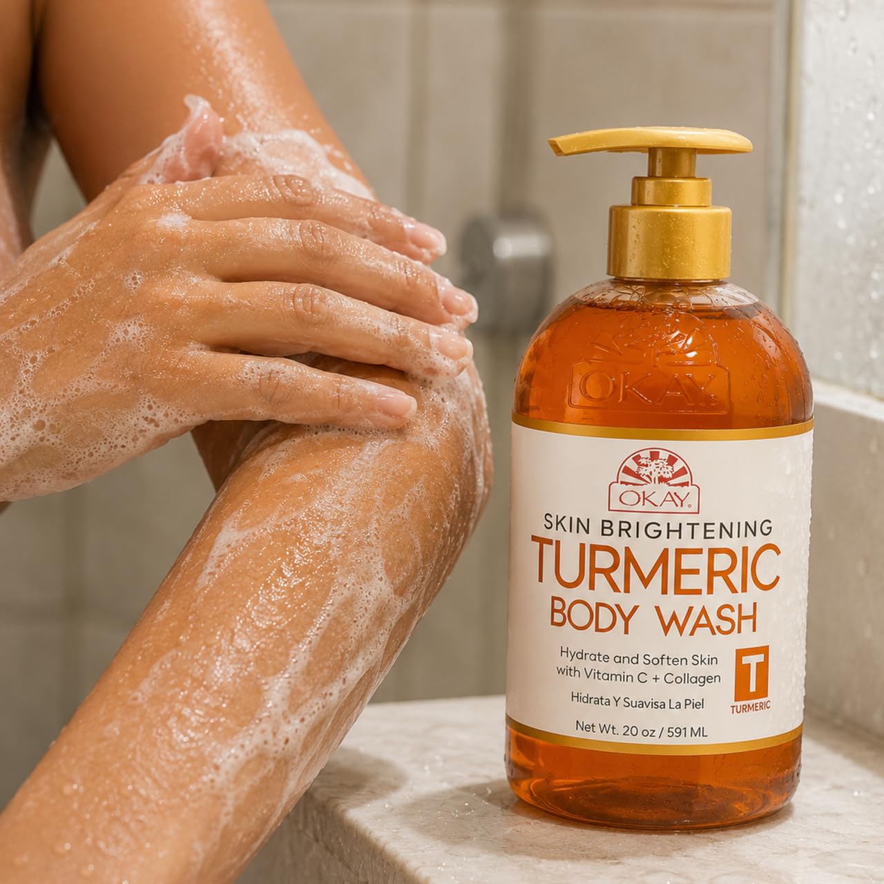 OKAY Turmeric Skin Brightening Body Wash 20 oz – Vitamin C & Collagen Glow Cleanser for Dark Spots & Even Skin Tone