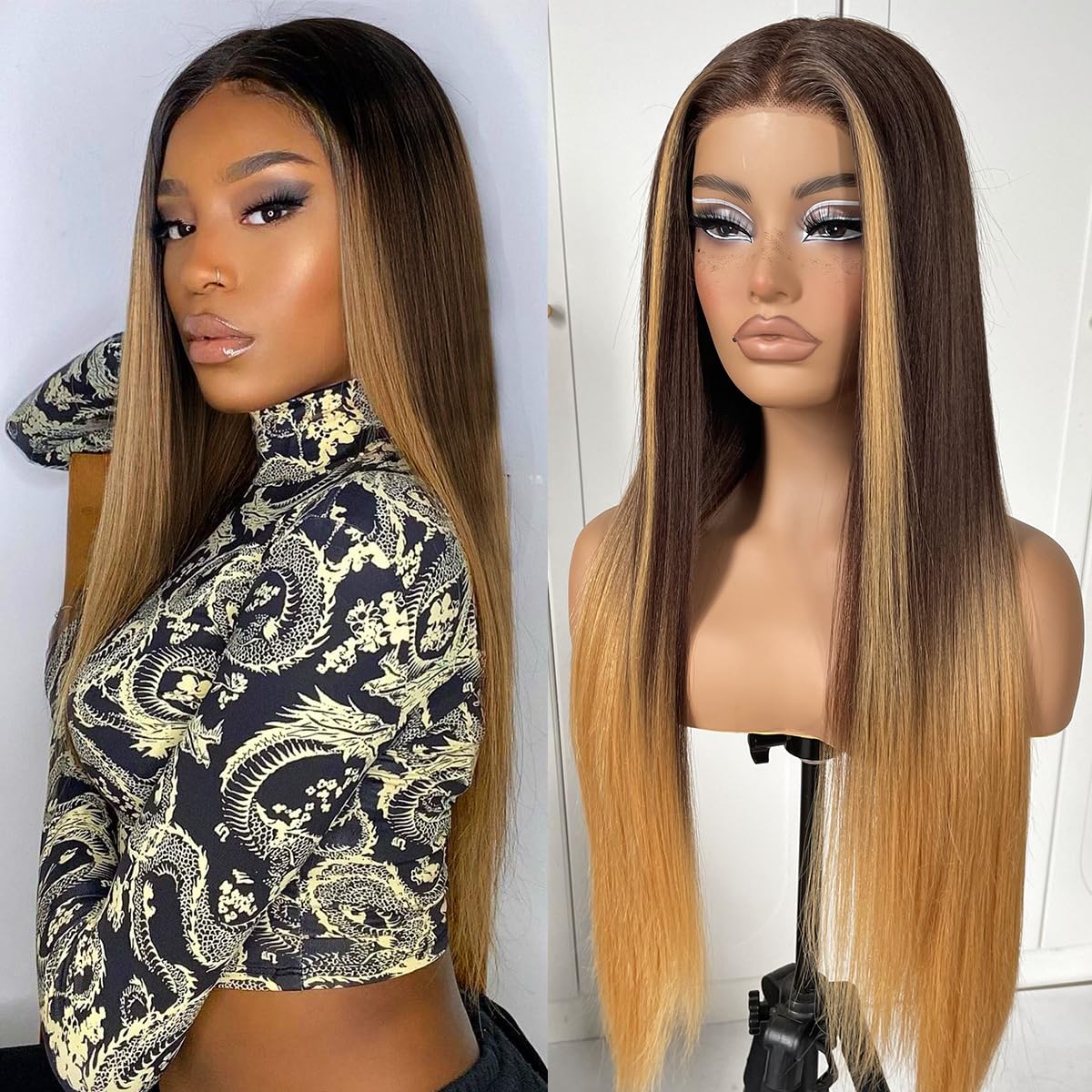 MITIMES 32inch Ombre Lace Front Wig pre plucked, Glueless Highlight Ombre Long Straight Lace Front Wigs Synthetic Highlight HD Lace Front Wig 1B/30/27