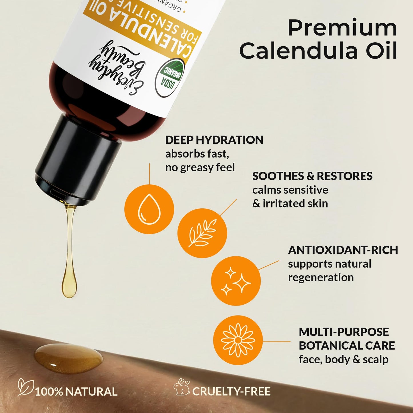 Organic Calendula Oil For Sensitive Skin -Bulk 8 Fl Oz- USDA Organic Certified 100% All Natural Plant Based, Lightweight & Unscented Gentle Soothing Oil For Sensitive Skin - For Face, Skin & All Over