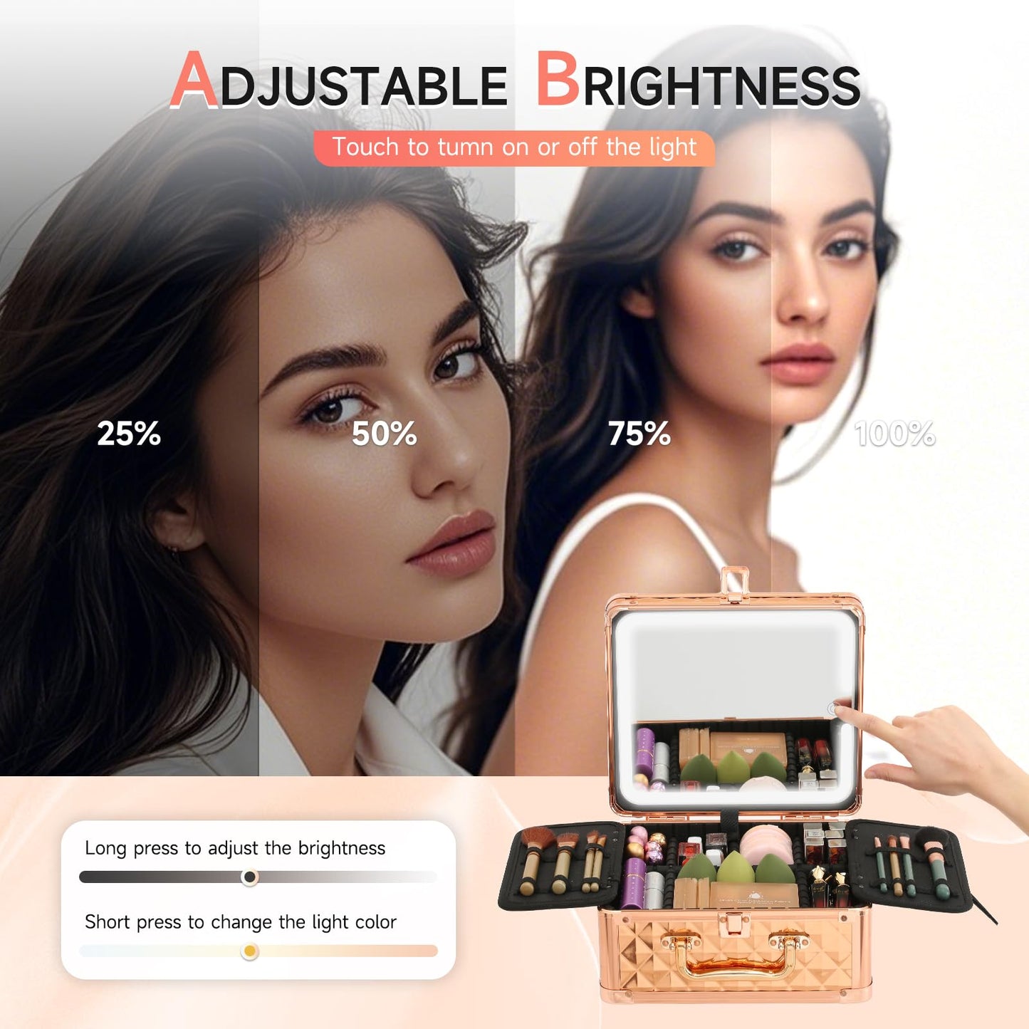 Leeora&Leekoo Makeup Box with Lighted Mirror,Portable Makeup Train Case Organizer (Rose Gold)