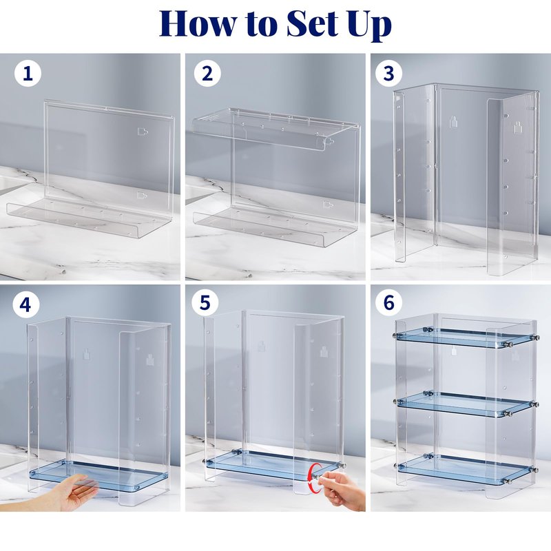 Delamu Bathroom Countertop Organizer, 3 Tier Adjustable Corner Makeup & Skincare Organizer with Protective Guard Rail, Transparent Design for Vanity, Bathroom Counter, Ideal for Girls