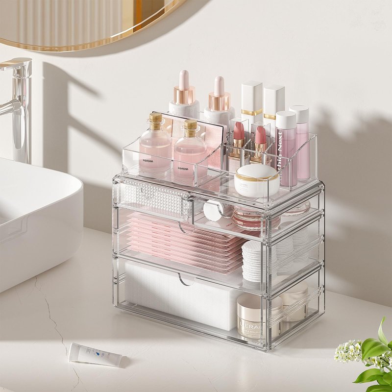 Delamu 4-Tier Clear Makeup Organizer with Drawer, Stackable Acrylic Cosmetic Storage for Bathroom Vanity, Dresser Countertop, Make Up and Jewelry Storage, Beauty Holder for Lipstick Brush Skincare