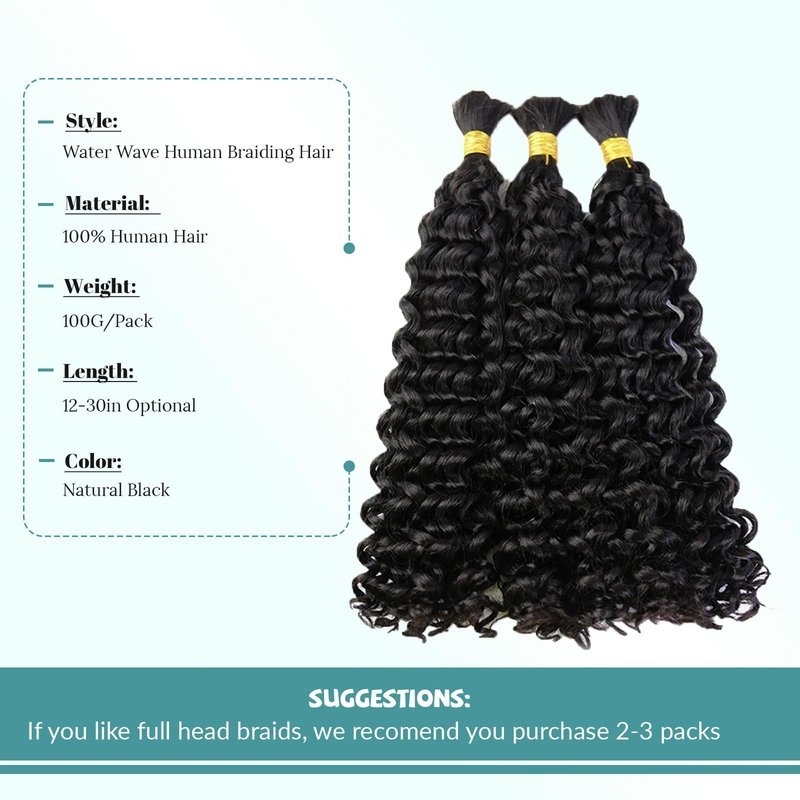 Human Braiding Hair 2 Bundles/Pack 100g Curly Water Wave Human Bulk Hair for Braiding No Weft 18in Brazilian Braiding Hair for Boho Braids Wet and Wavy Braids Extensions