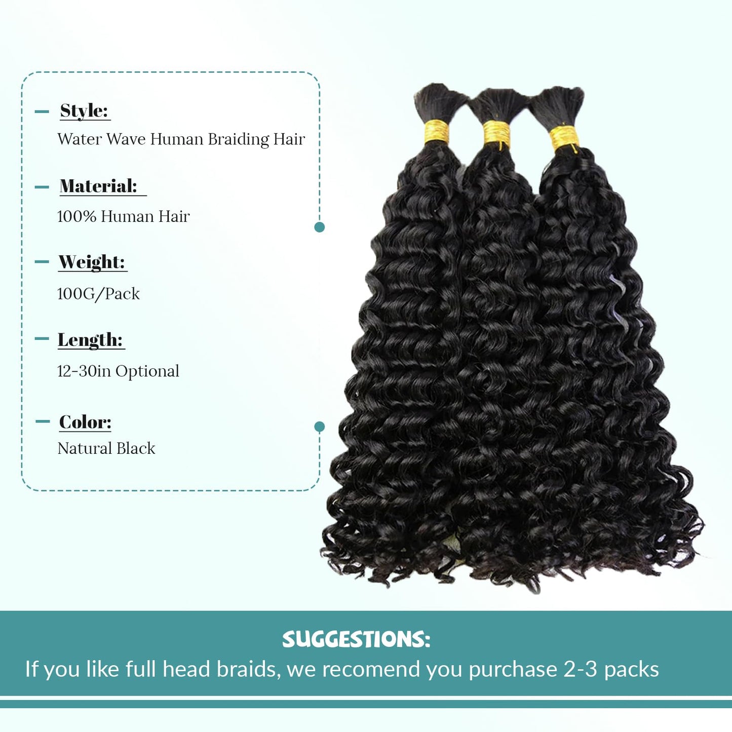 Human Braiding Hair 2 Bundles/Pack 100g Curly Water Wave Human Bulk Hair for Braiding No Weft 18in Brazilian Braiding Hair for Boho Braids Wet and Wavy Braids Extensions