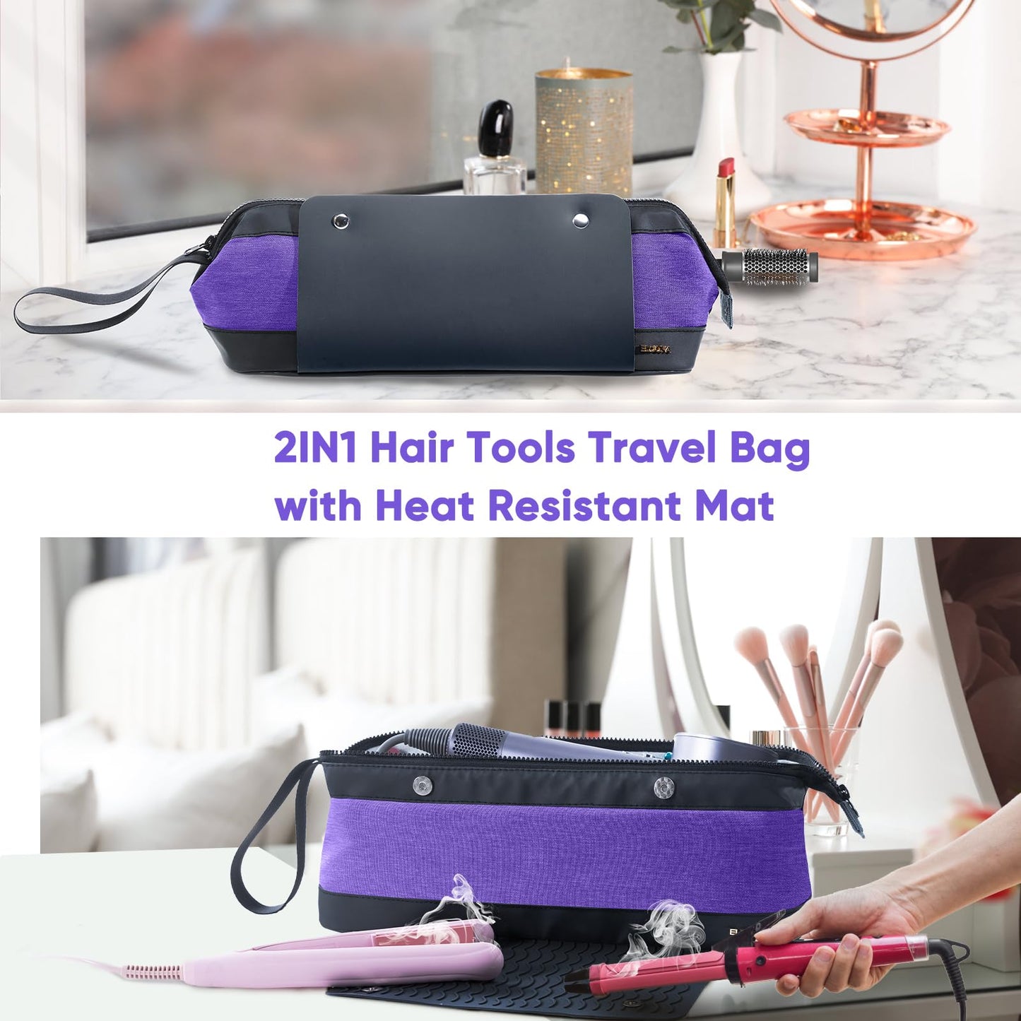 ELCUPA 2IN1 Hair Tools Travel Bag with Heat Resistant Mat for Shark Flextyle, Flat Irons, Straighteners, Curling Iron, and Haircare Accessories,Compatible with Revvlon One Step Hair Dryer