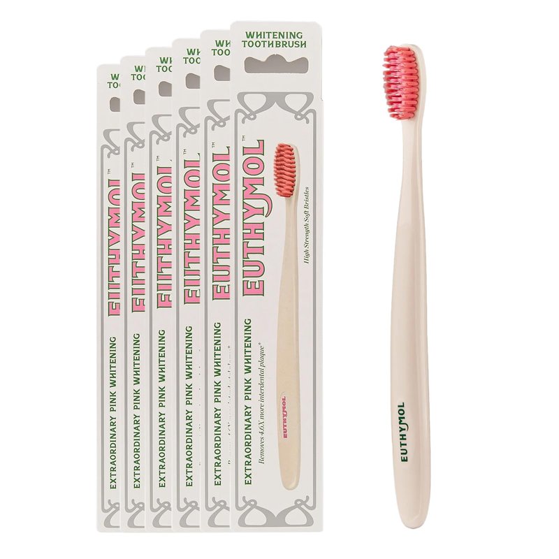 Euthymol Whitening Toothbrush (White, 6 Count) - Premium Soft Dual-Tension Bristles. Advanced Plaque Removal, Stain Reduction.