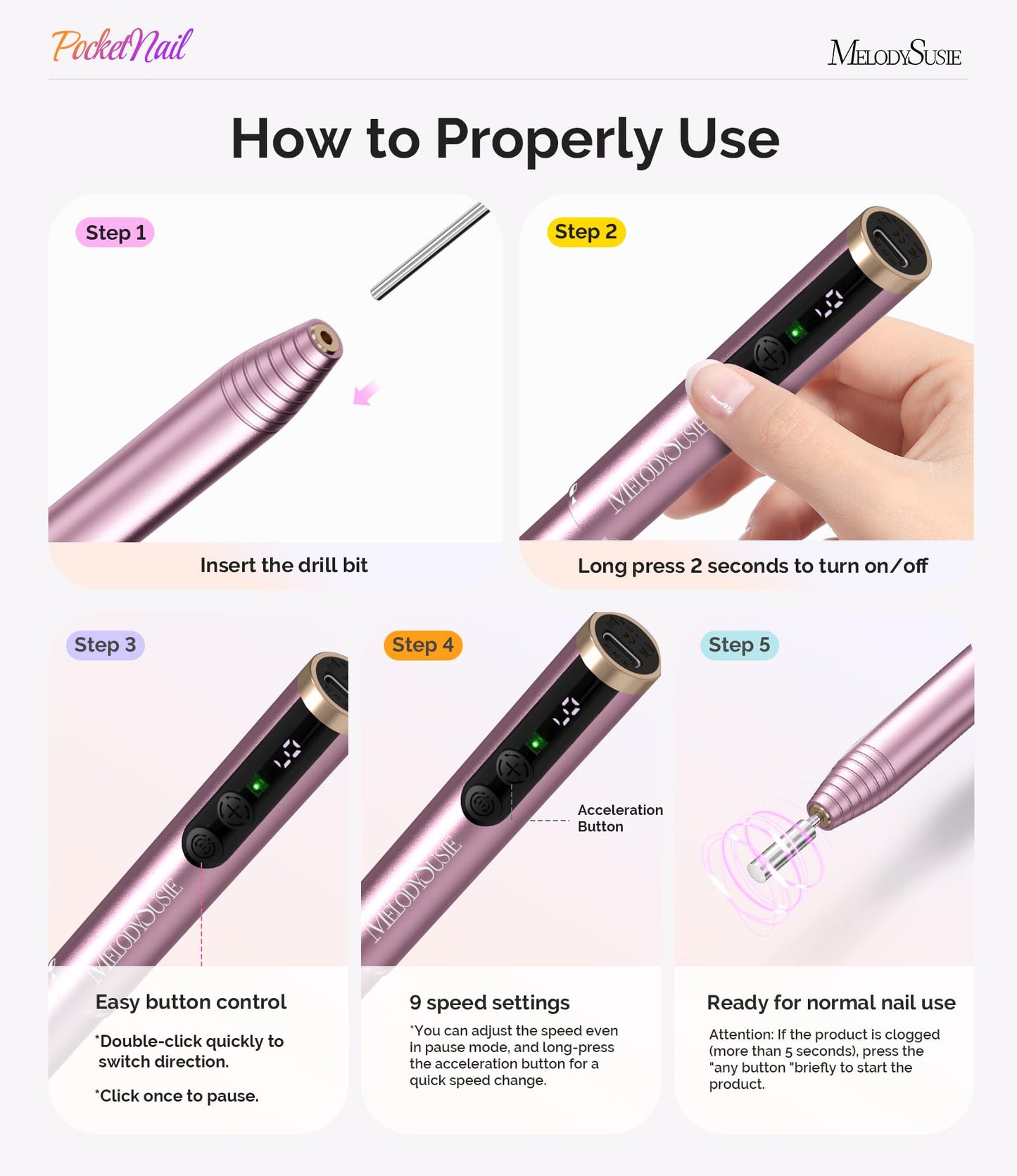 MelodySusie Pen-Shaped Cordless Nail Drill PocketNail PC100GR for Beginners