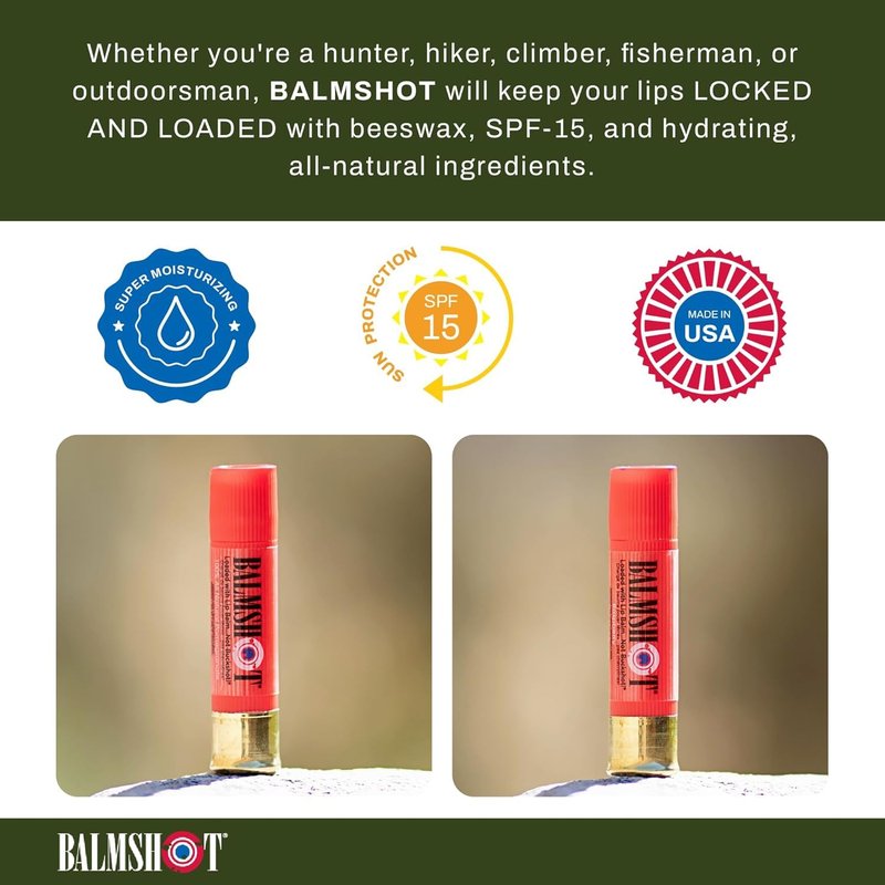 BALMSHOT Lip Balm 4-Pack | SPF 15 Beeswax Formula in Pomegranate & Raspberry - Durable Shotgun Shell Tube