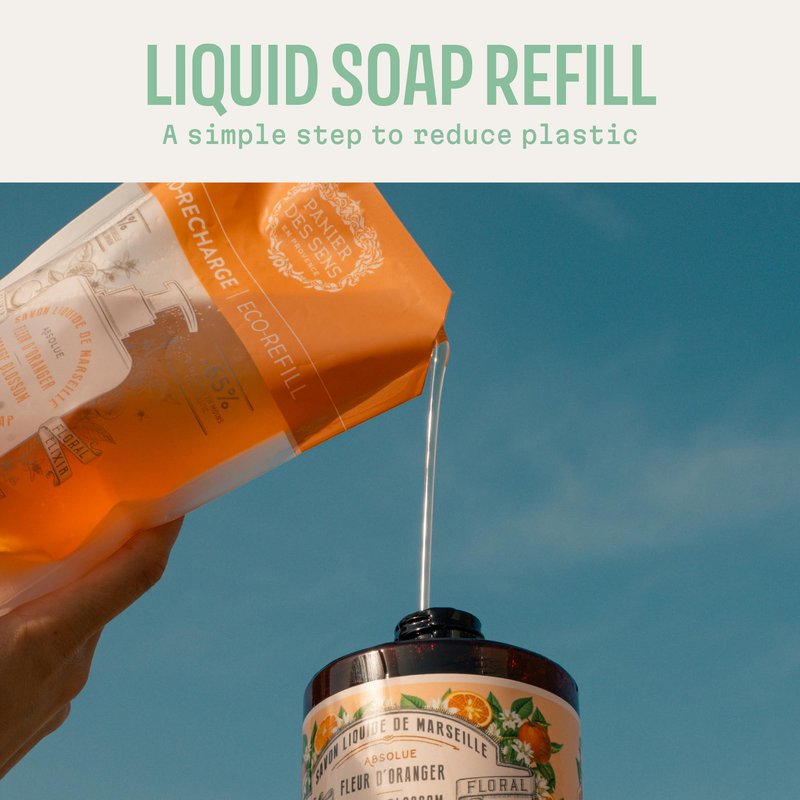 Panier des Sens Hand Soap Refill – Eco Value Pack, 8 Scents Available – Savon de Marseille Liquid Soap Refills – Hand Wash for Bathroom & Kitchen – Orange Blossom, 97% Natural, 2x16.9 Fl Oz