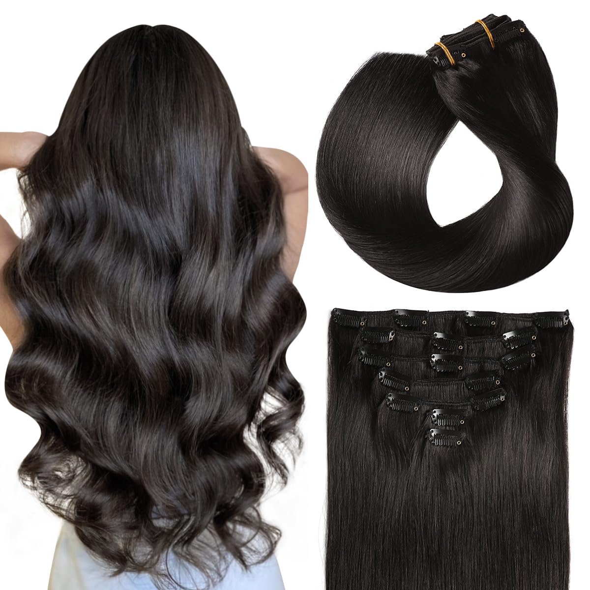 Real Human Hair Clip-In Extensions - 7 Pcs Straight Remy Hair - Double Weft 16 Inch #1B Off Black, 70G