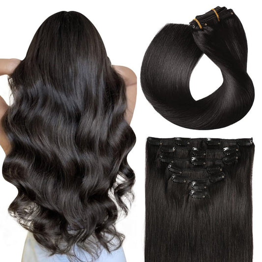 Real Human Hair Clip-In Extensions - 7 Pcs Straight Remy Hair - Double Weft 16 Inch #1B Off Black, 70G