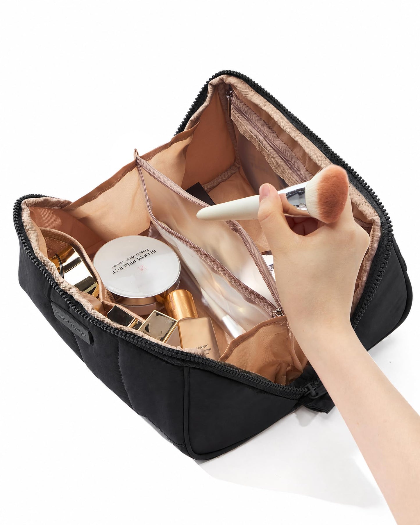 NISHEL Travel Makeup Bag for Women, Fluffy & Lightweight Open Flat Cosmetic Organizer with Multiple Functional Divider for Brush Independent Storage, Handle for Easy Portability, Black