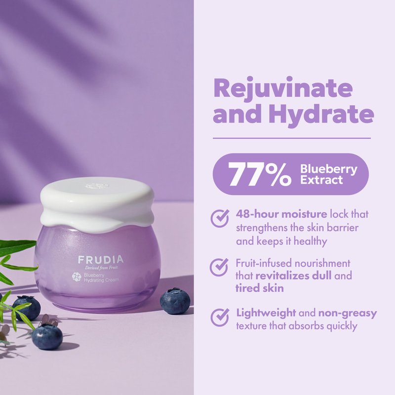 FRUDIA Blueberry Hydrating Face Cream (1.94 oz) – 48-Hour Deep Hydrating Korean Face Moisturizer w/77% Blueberry Extract, Panthenol & Fruit Seed Oils for Dry Skin | Vegan & Cruelty Free