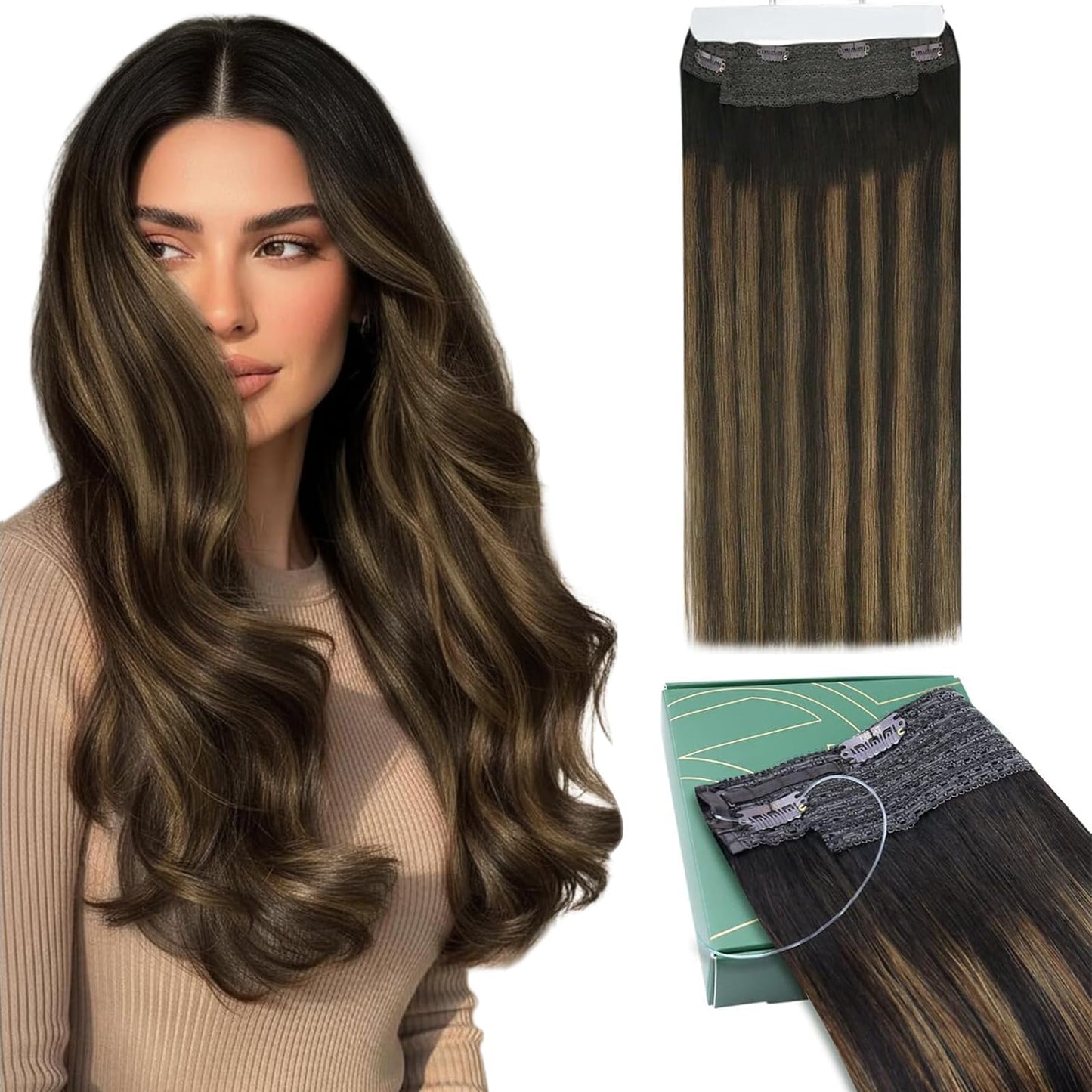 Ugeat Invisible Wire Hair Extensions Dark Brown Balayage Human Hair Extensions Invisible Wire Balayage Medium Brown Ombre Invisible Fish Line Hair Extension for Women Straight Hair 70g 14 inch