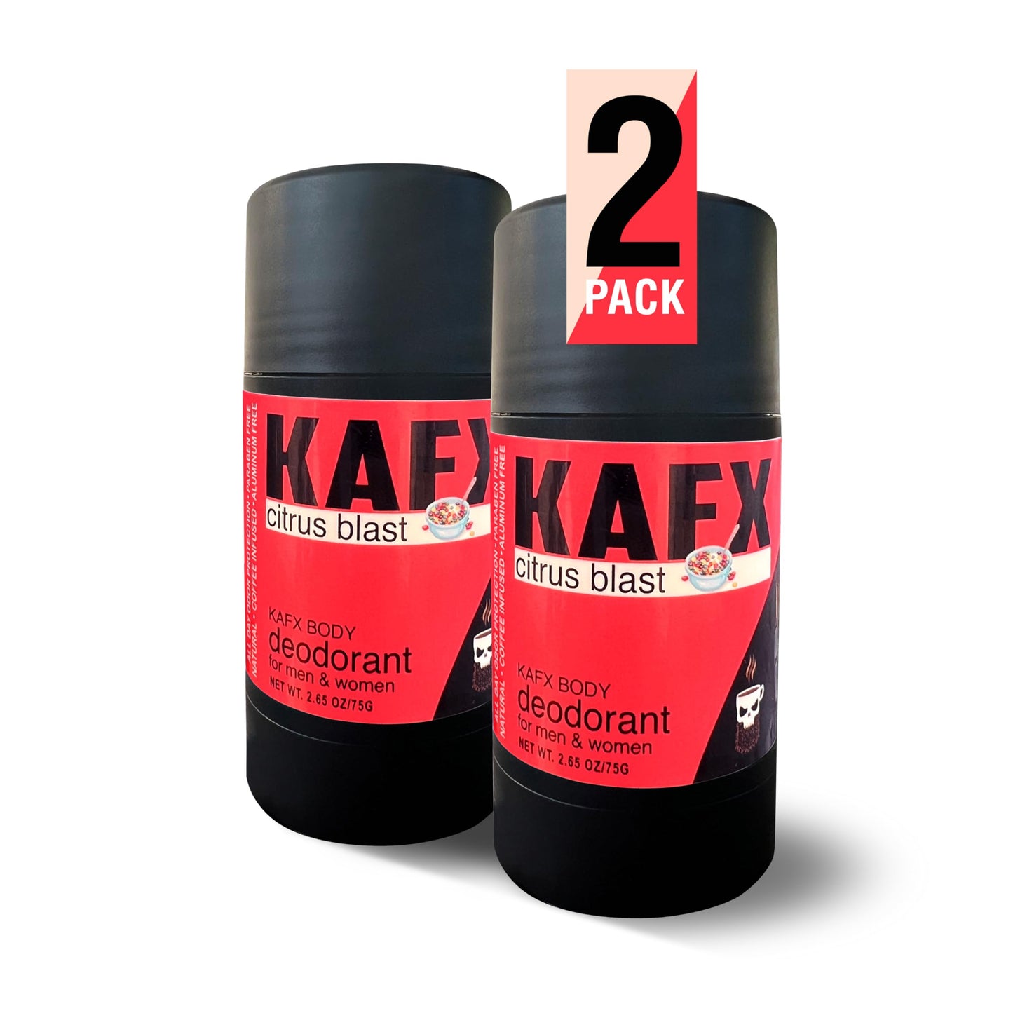 KAFX Body Citrus Blast Deodorant for Women and Men - Organic and Natural, Aluminum-Free, Coffee Oil-Infused for Long-Lasting Odor Protection, Single Pack, Paraben-Free, 2 Pack, 2.65 oz/75 g