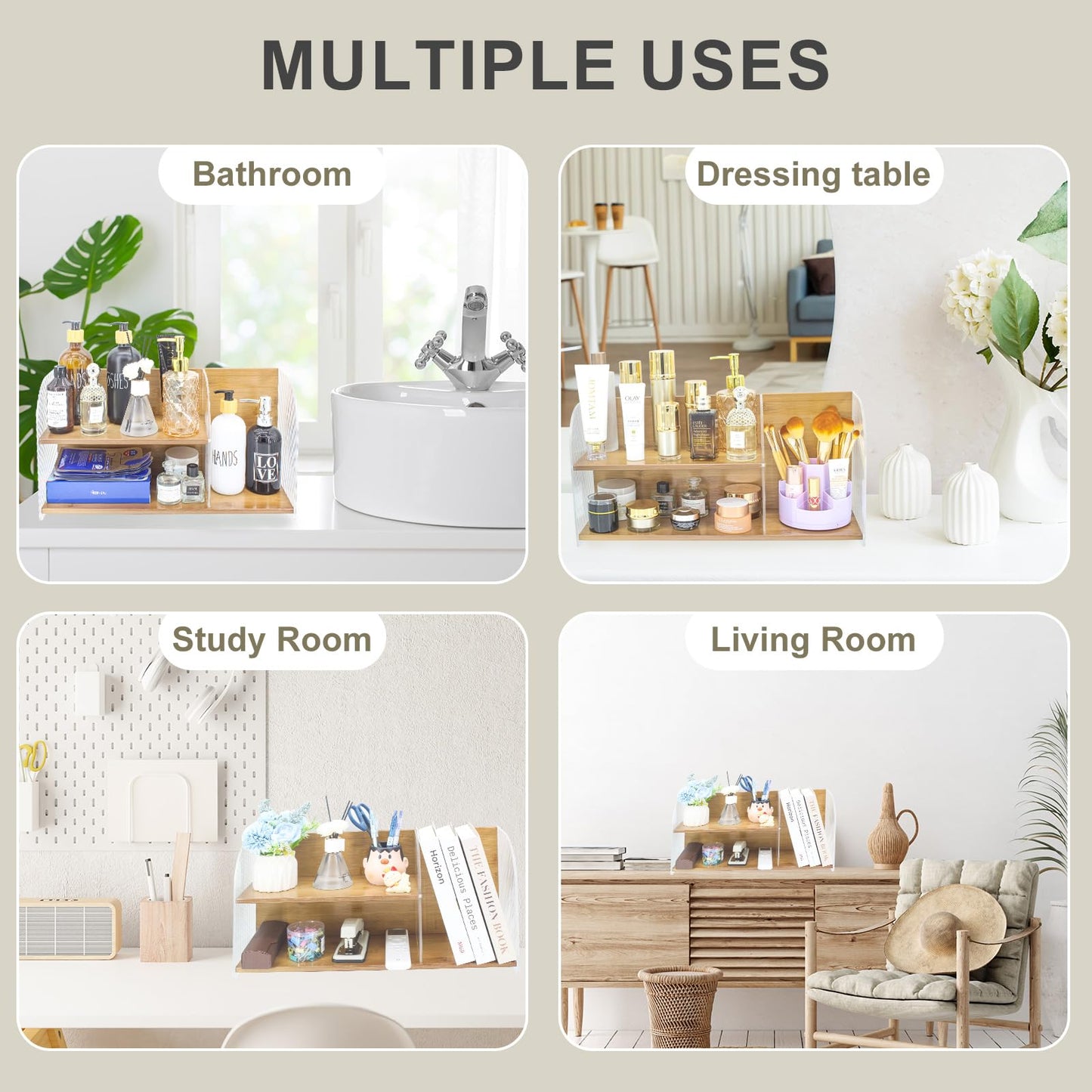 JONKASIPA 2-Tier Acrylic Makeup Organizer & Skincare Storage Cabinet Countertop Bamboo Desktop Organizer for Cosmetics, Skincare, and Essentials -Brown