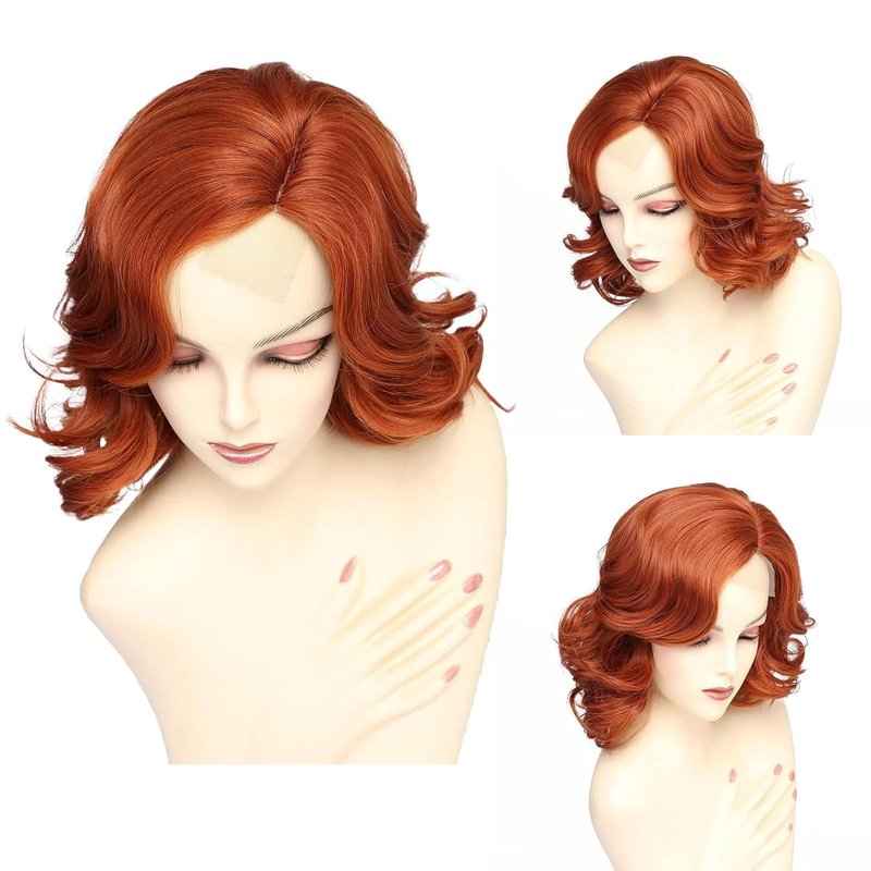 Short Lace Wavy Copper Red Wig for Women - Natural Synthetic Curly Hair, 14 Inch