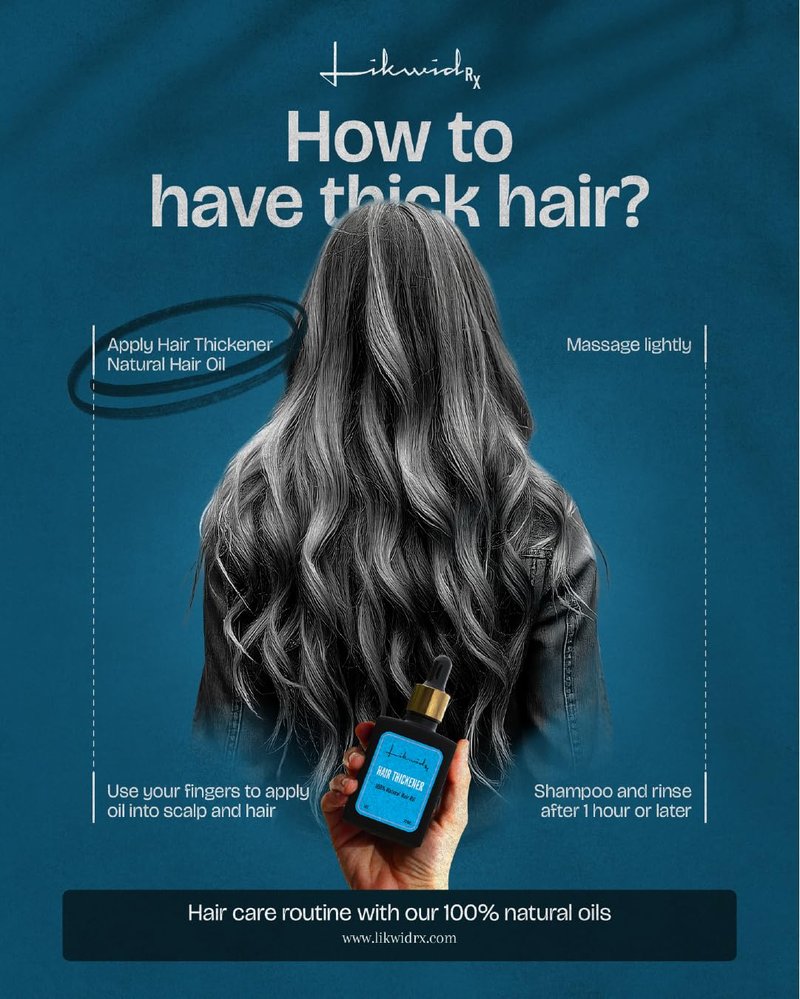 Likwid Rx Hair Thickener Natural Hair Oil, Sesame, Sweet Almond and Castor Oils, Reduces Gray Hair, Strengthens Follicles