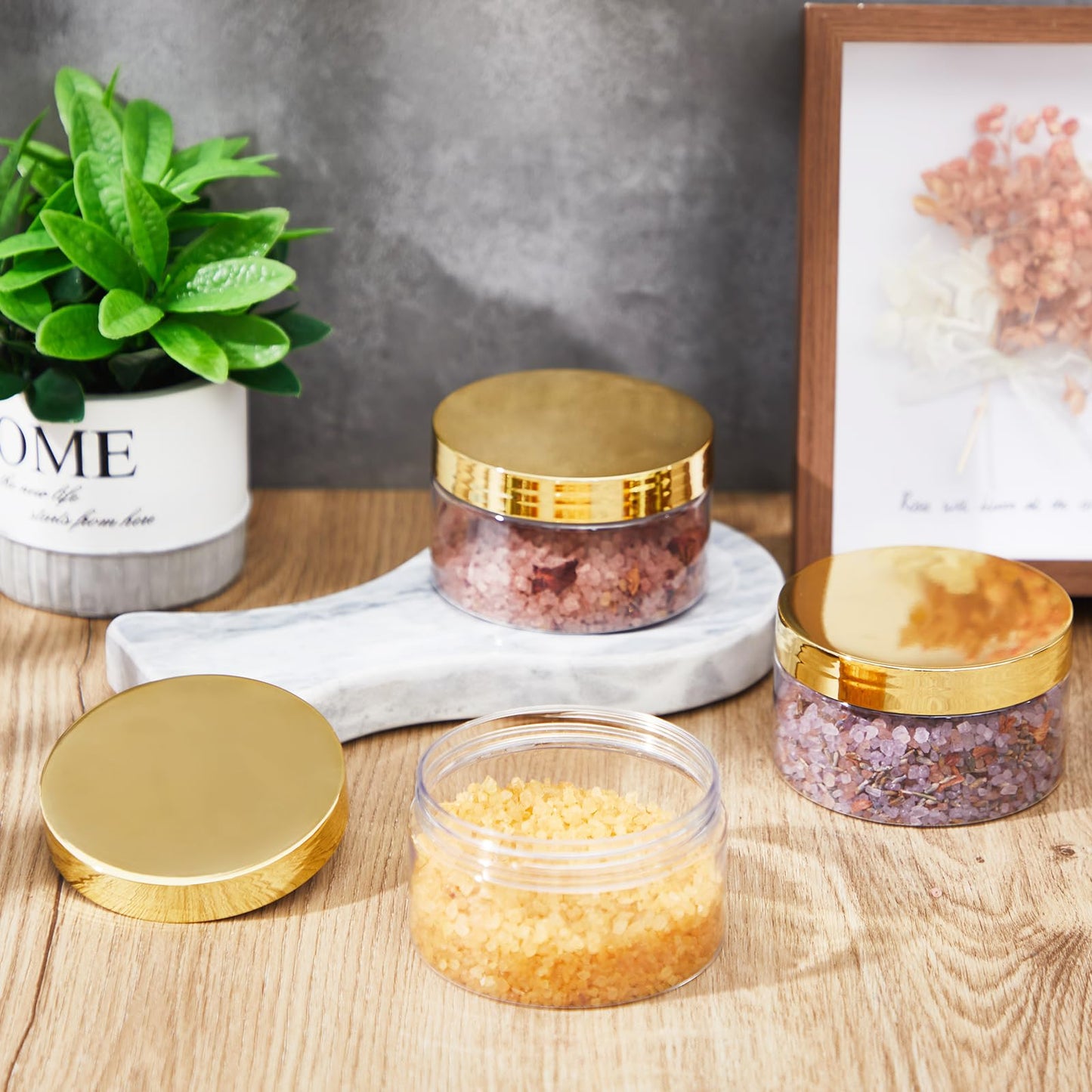 Dandat 24 Pcs 8 oz Plastic Jar Container with Gold Lid and Label Refillable Empty Round Clear PET Cosmetic Sample Slime Containers for Lotion, Cream, Ointments, Body Butter, Makeup Travel Storage