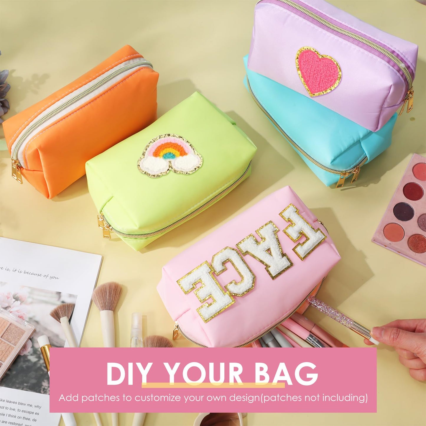 Kigeli 12 Pcs Nylon Makeup Bag Bulk Cosmetic Pouches Preppy Cosmetic Bag for Women Waterproof Travel Zipper Organizer Little Outdoor Accessory Makeup (Nylon, Foam,Macaron)