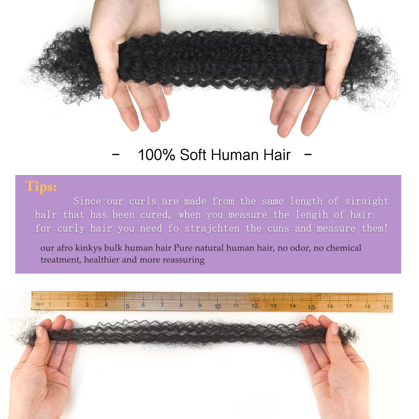 Human Kinkyhair for Twist 10 Inch 2 Bulks Natural Black Afro Kinkys Bulk Human Hair for Dreadlocks Extensions,Repair Locs and Mini Twist