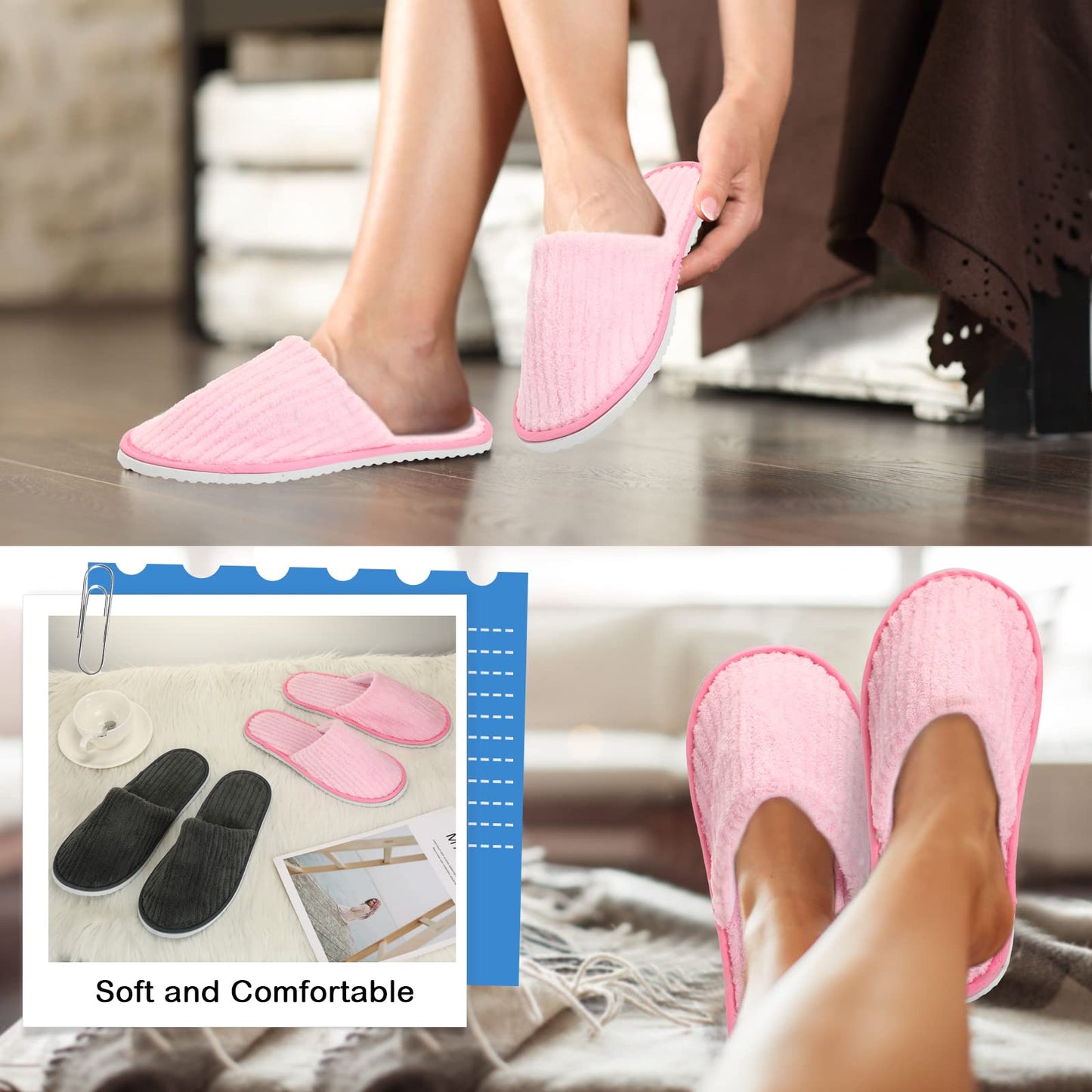 Zhehao 10 Pairs House Slipper for Guest Disposable Slippers Bulk for Travel Non Slip Washable Reusable Women Men Soft Cotton Spa Hotel House Slipper for Wedding Party Home Indoor(Pink, Gray)