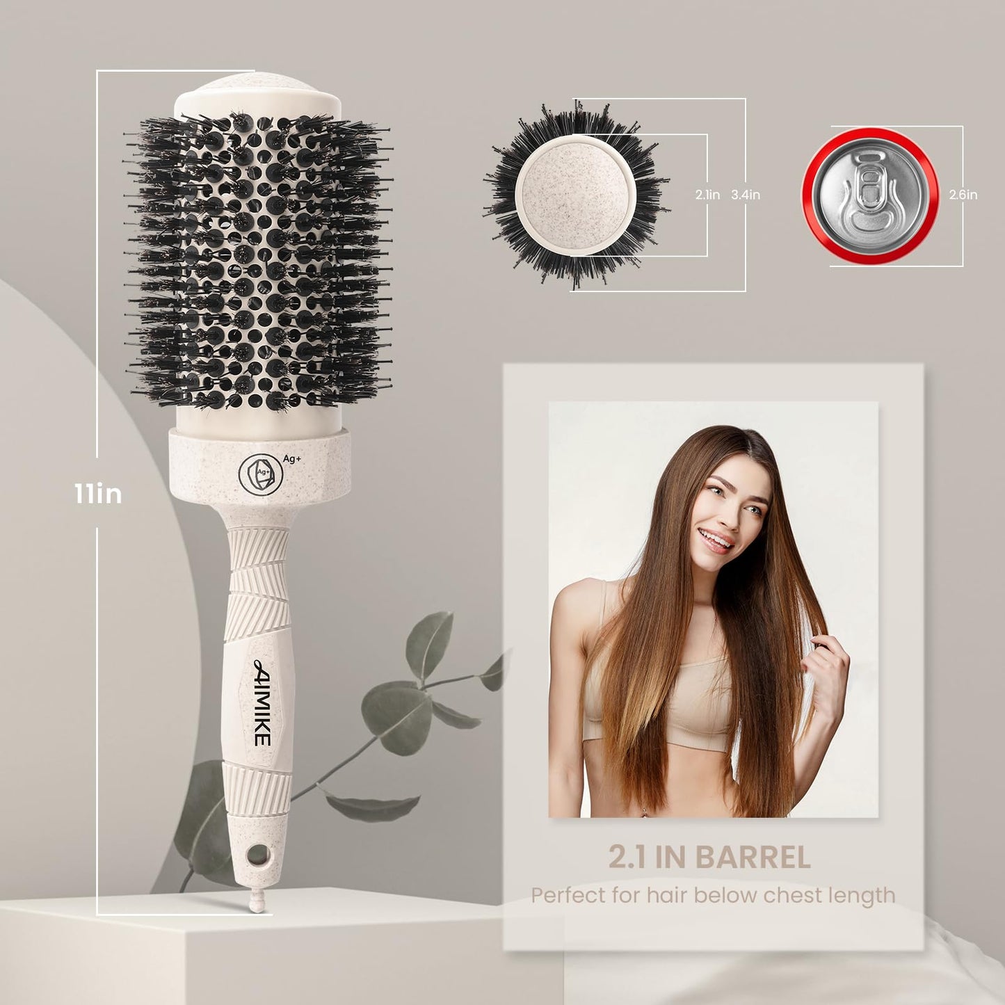 AIMIKE Large Nano Thermal Ceramic Round Brush with Barrel 2.1 inch for Blow Drying, Volume Blow Out and Curling Hair Styling (3.4 inch)
