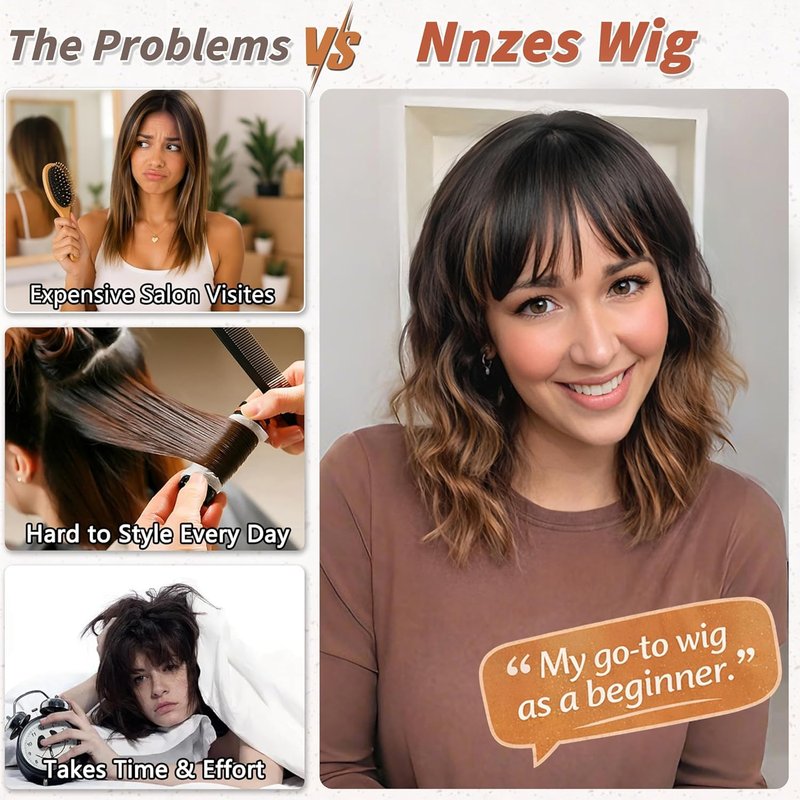 Nnzes Short Wavy Wig with Bangs for Women Shoulder Length Bob Curly Women's Charming Synthetic Wigs with Natural Wavy Black To Brown Heat Resistant Hair for Daily Party Use