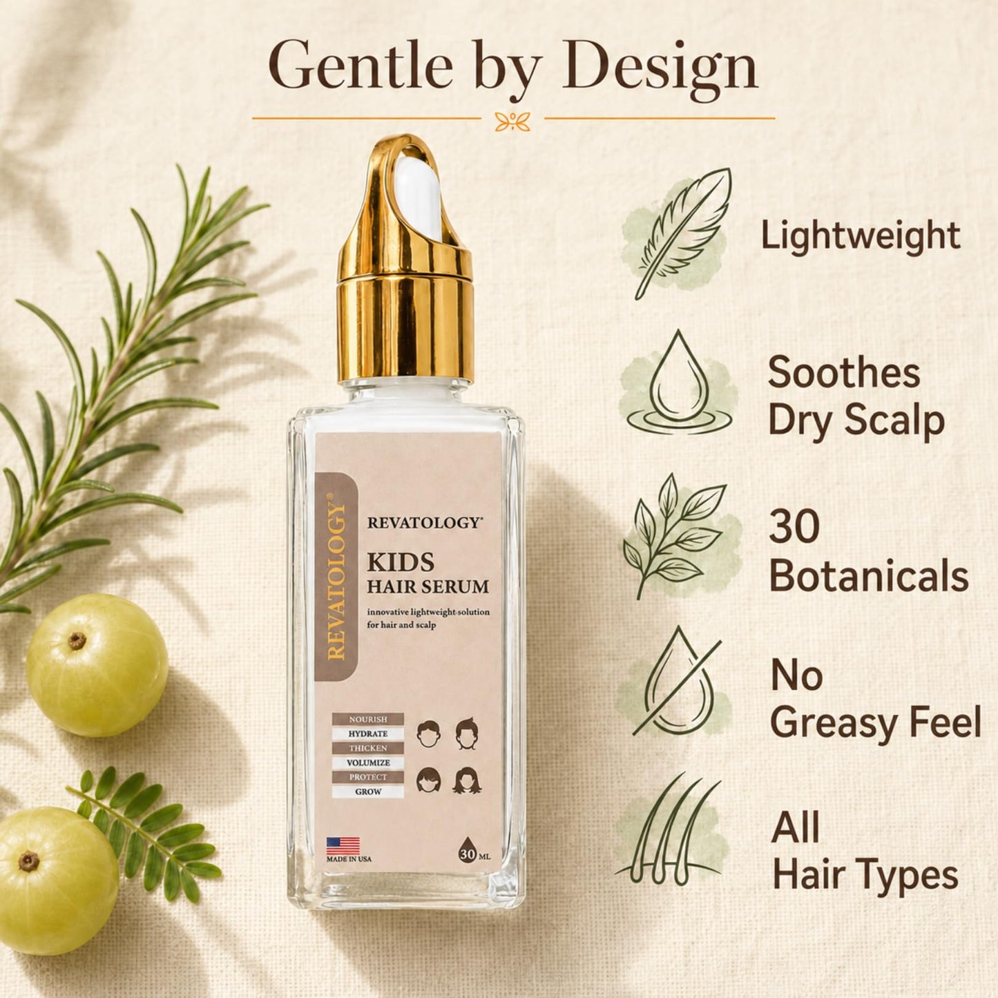 Revatology Kids & Baby Hair Growth & Scalp Serum Gel, Morning-Time, Toddlers & Babies, Rosemary, Castor & Amla, Lightweight Botanical Blend, Soothes Dry Scalp & Frizz, Curly Hair, 1 Fl Oz, Made in USA