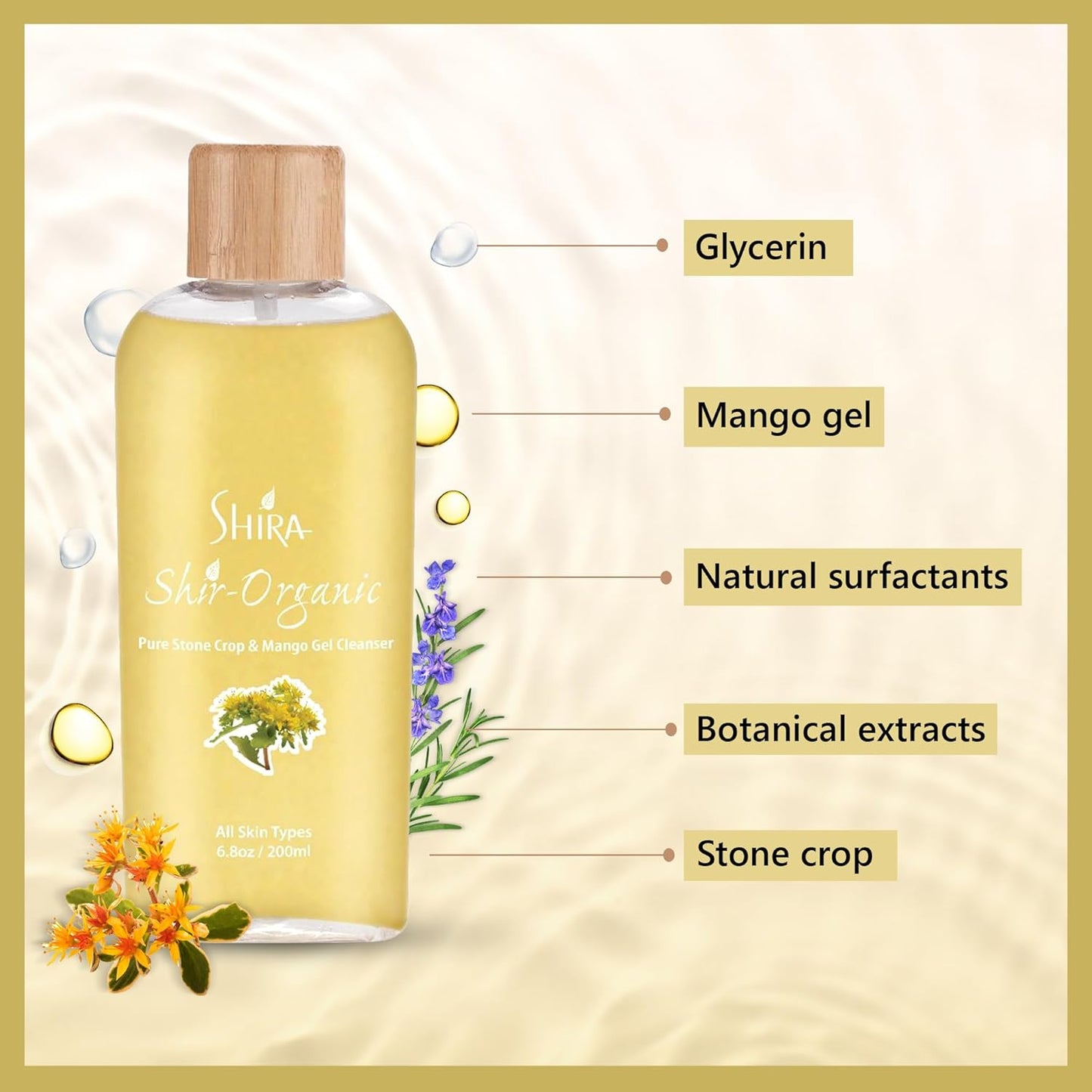 Shira Shir Organic Stone Crop & Mango Gel Cleanser - Hydrating Face Wash for Smooth Skin | 200ml, Natural Ingredients