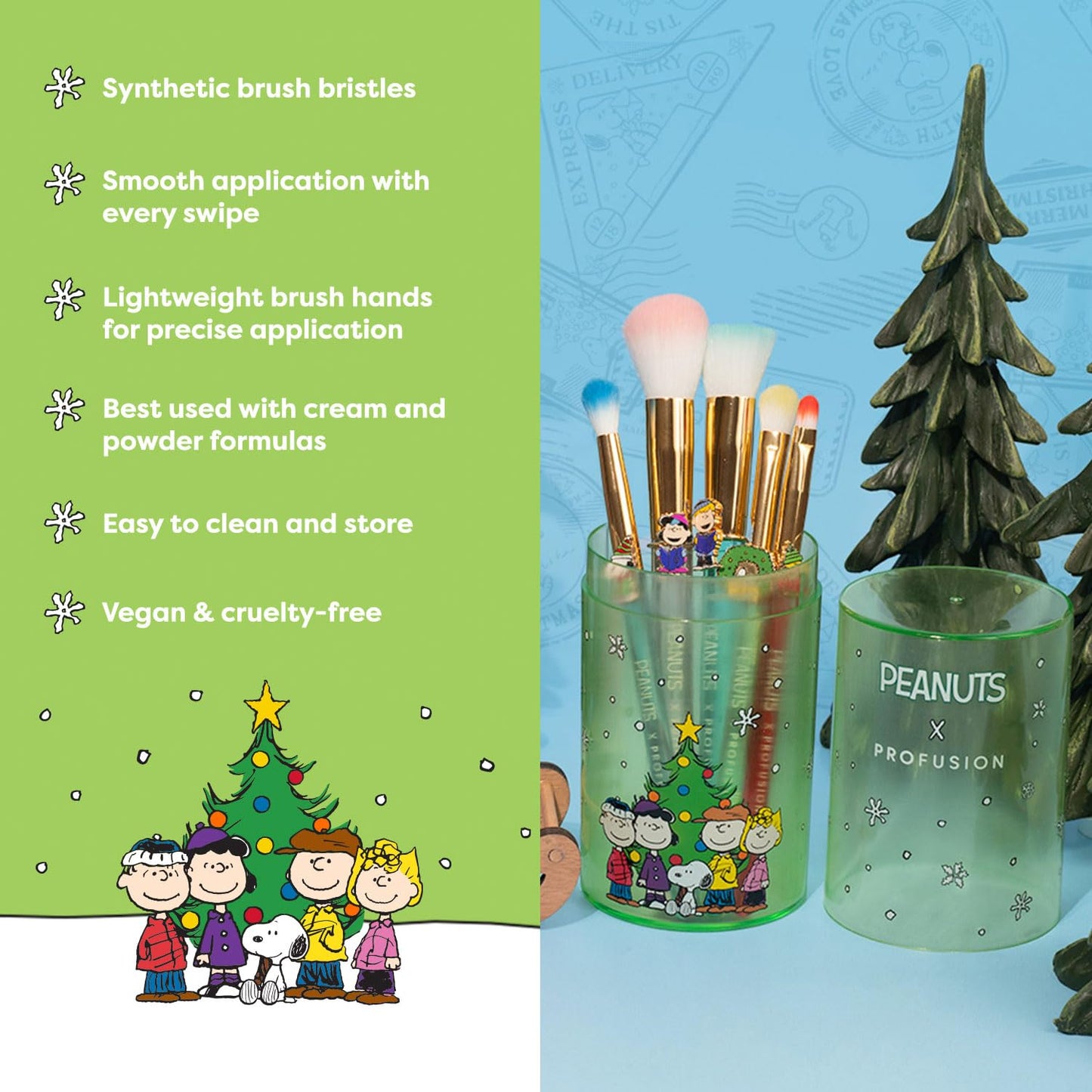 Profusion Cosmetics Peanuts Merry And Bright Brush Set with Case, Fluffy Makeup Brushes for Blending, Shading, and Blush, Achieve Holiday Beauty
