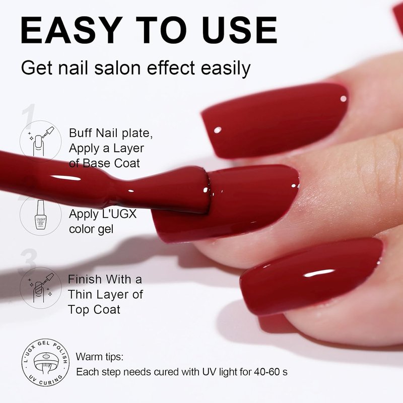 L'UGX Red Gel Nail Polish - Christmas Cherry Dark Red Soak Off UV Gel | 15ML for DIY Manicure & Pedicure