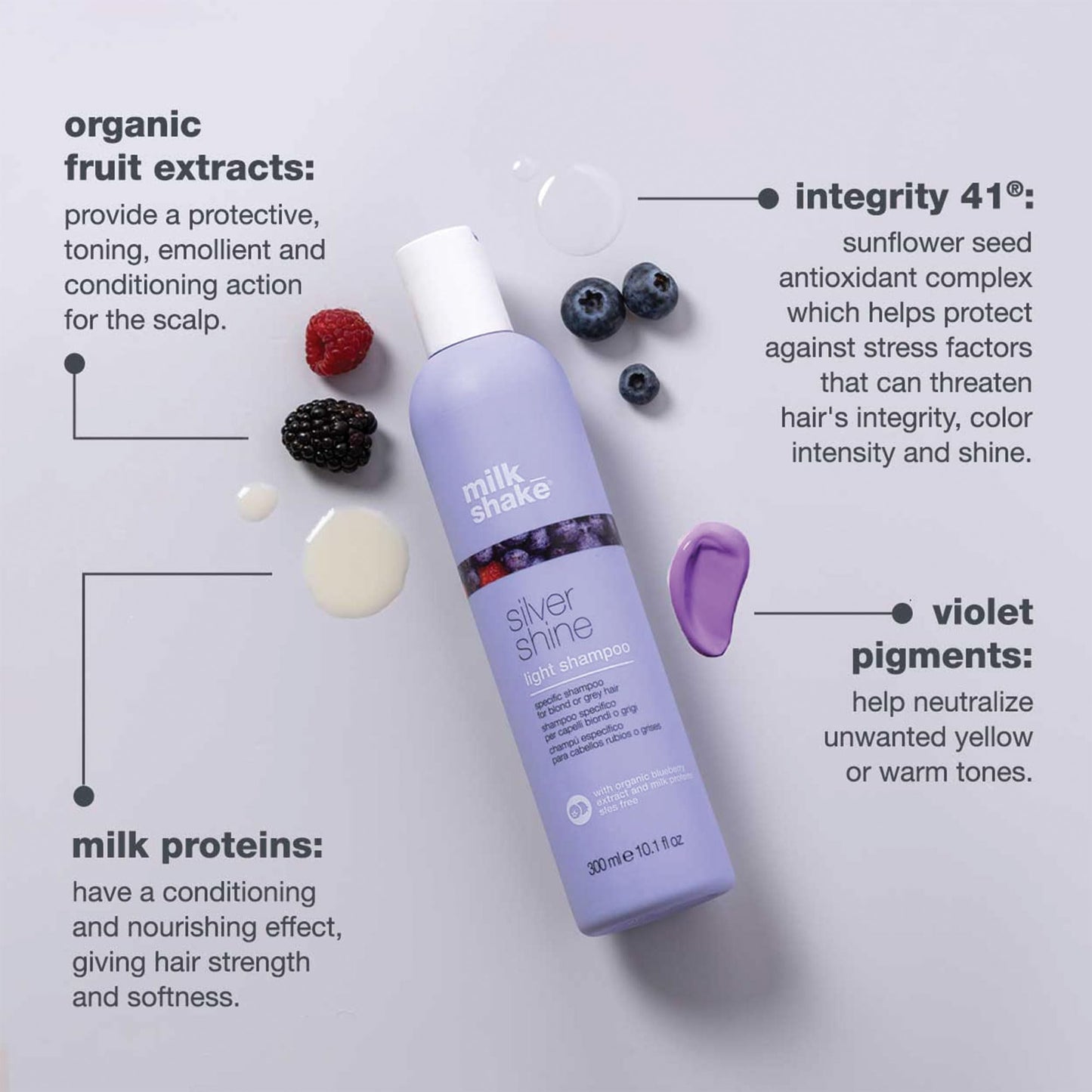 milk_shake light silver shine shampoo | soft purple shampoo less pigment for frequent toning | tones yellow in grey, white or blonde hair | with milk proteins, 33.8 fl oz / 1000 mL