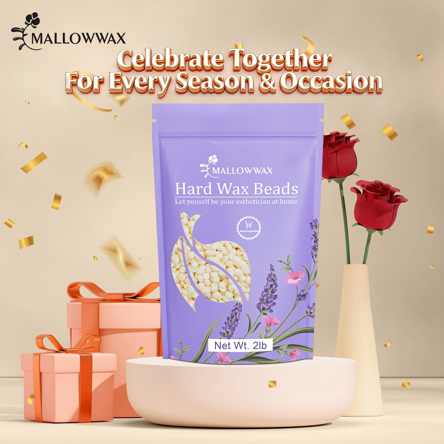 Mallowwax Hard Wax Beads, 2LB Coconut Cream Wax for Sensitive Skin, Gentle Hair Removal for Face, Bikini, Legs & Brazilian, No Strips Needed & Easy to Use at Home