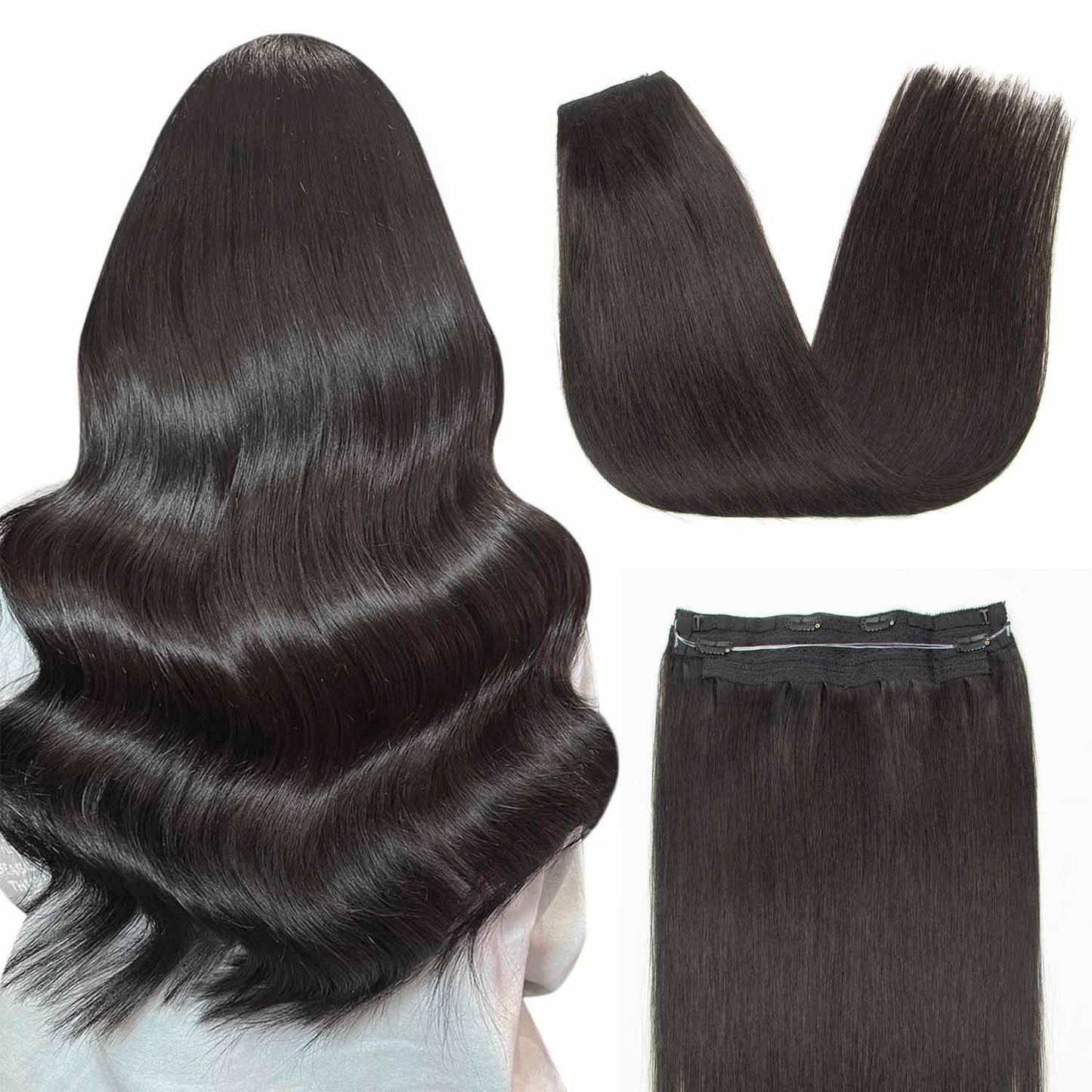 AGMITY Wire Hair Extensions Real Human Hair Jet Black 14 Inch 70g invisible Removable Thick Straight Fishing Line Remy Wire Hair Extensions for Women(14 Inch #1 Jet Black）