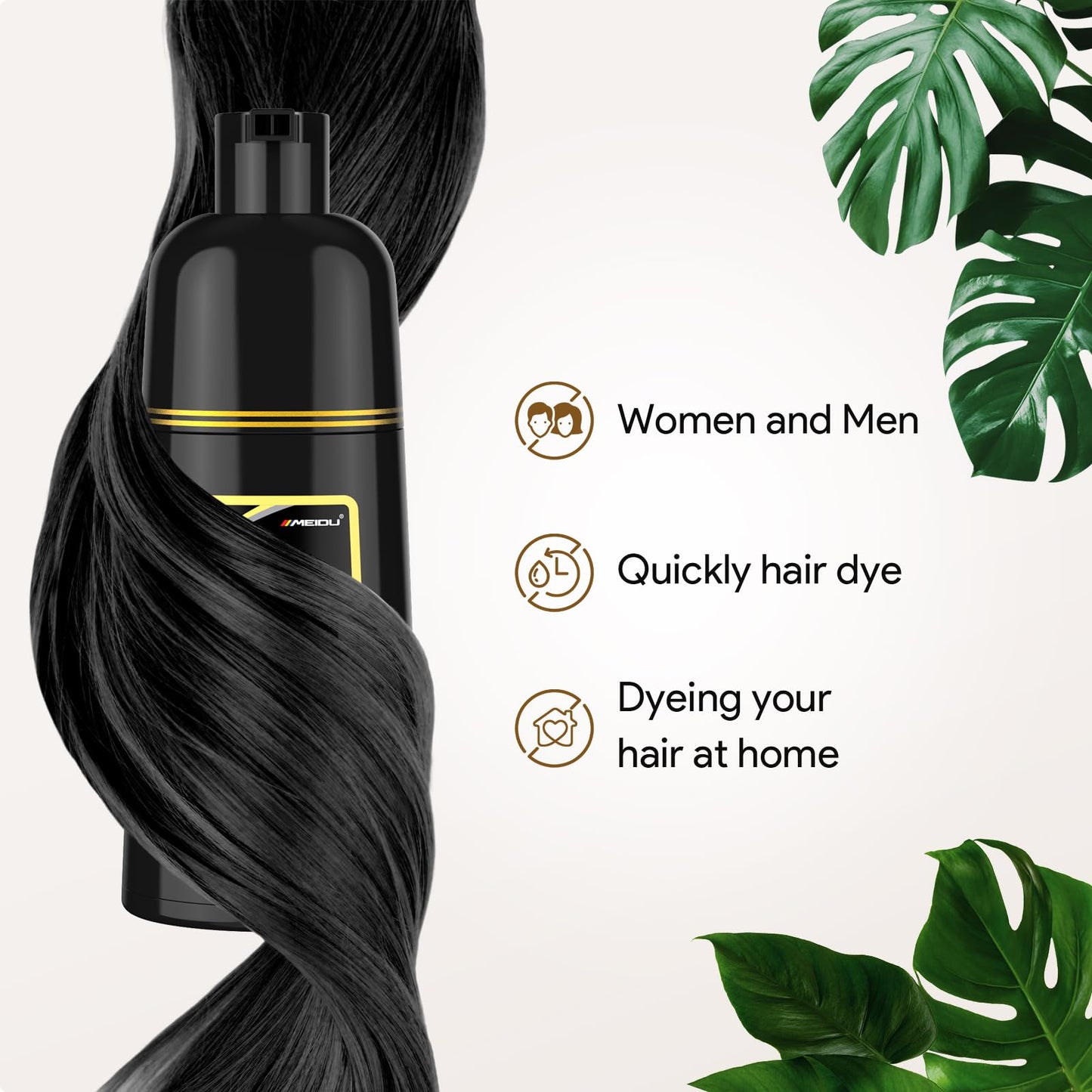 MEIDU Black Hair Dye Shampoo 3 in 1 for Gray Hair, Black Hair Dye for Women Men, Hair Color for Women Herbal Ingredients Natural (500ml,16.9oz) (Black)