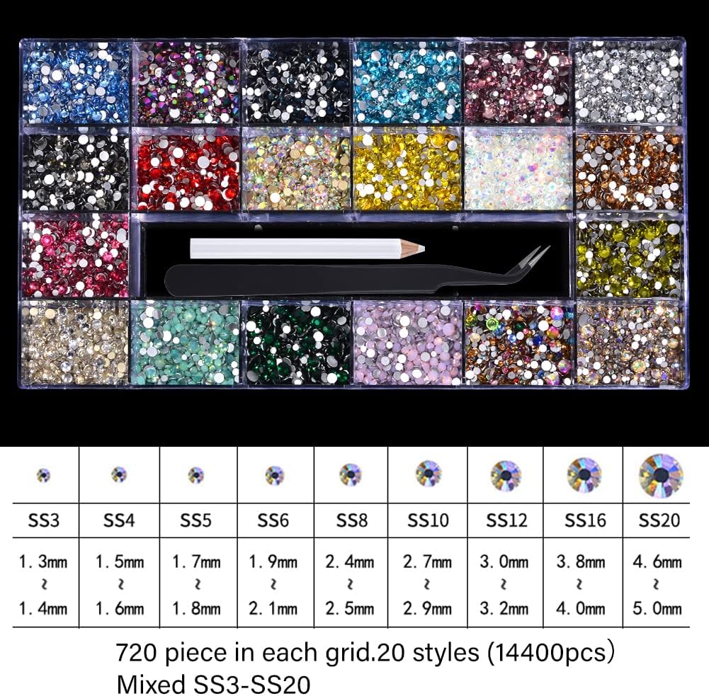 14400 Pcs Multi-Colored Nail Art Rhinestones & Glass Crystals Set with Picker