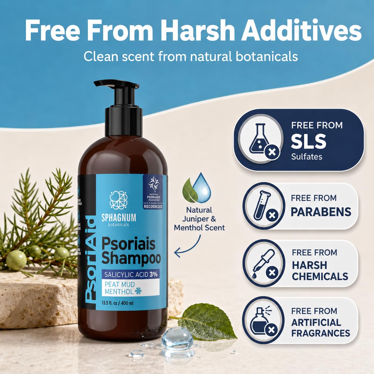 Sphagnum Botanicals Psoriasis Shampoo with Salicylic Acid for Women and Men, Natural Relief for Dry, Itchy, Flaky Scalp, Menthol and Peat Mud, Sulfate-Free Medicated Formula, 13.5 fl oz