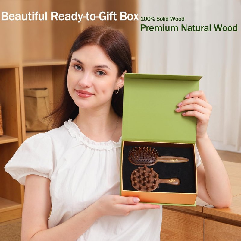Self Care Relaxation Gift Set for Mom | Natural Wooden Massage Hair Brush & Scalp Gua Sha Tool - Stress Relief Wellness Box