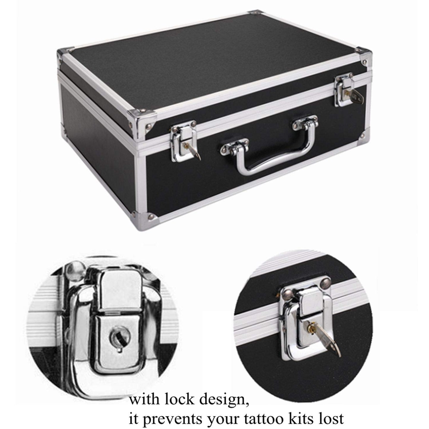 Tattoo Kit Box Case,Tattoo Case Organizer 12.6" x 9.5" x 5.1" W/Lock Machine Carrying Box,Aluminum Alloy with Sponge for Machine